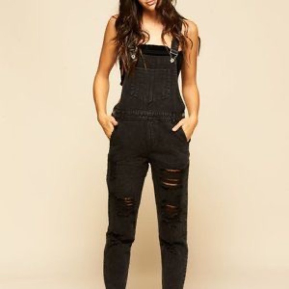 Black distressed overalls